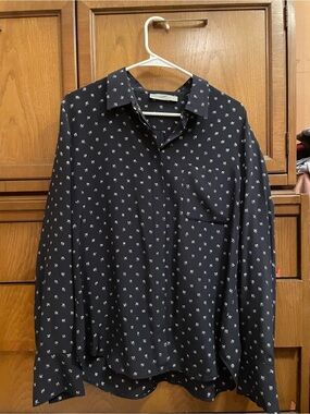 Vince Navy Blue Long-Sleeve Blouse with Tiny White Floral Print